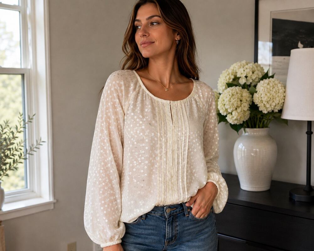 Tory Burch Ivory Polka Dot Silk Blouse Long Sleeve Pintuck Pleated Boho Top